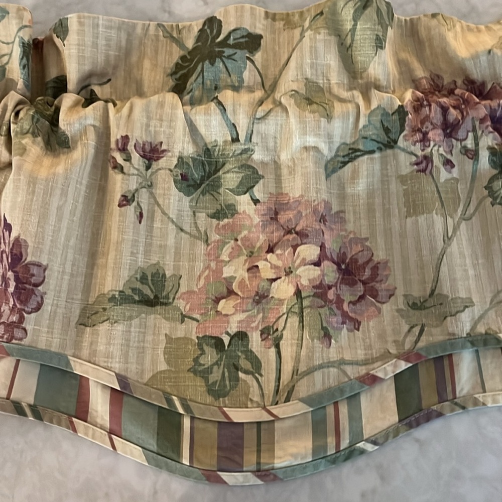 Waverly valances (2) muted florals contrasting stripe.  75” long & 16.5” long - Picture 5 of 5